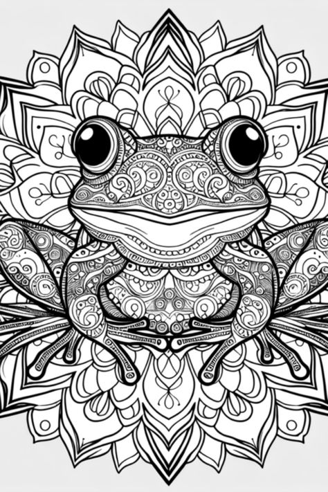 Unleash your creativity with a super cute frog surrounded by intricate designs, making coloring magical and exciting. Dive into the world of relaxing coloring with this unique frog mandala page. Perfect for a fun and stress-relieving coloring session. Get ready to color the frog's big eyes and fancy flower pattern in a delightful and artistic way. Let the whimsical designs take you on a coloring journey full of charm and creativity. Download now for a whimsical coloring experience! Hard Coloring Pages, Frog Color By Number, Coloring Pages For Adults Animals, Flower Mandala Coloring Pages, Cute Frog Coloring Pages Free Printable, Jungle Coloring Pages For Adults, Animal Mandala Coloring Pages, Jungle Coloring Pages, Forest Coloring Pages