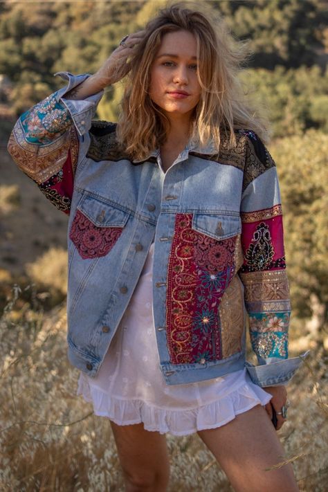 Patchwork Embellished Elephant Jacket | Size M/L - Wild & Free Jewelry Mermaid Crowns, Upcycled Jackets, Patchwork Denim Jacket, Diy Denim Jacket, Embellished Denim Jacket, Boho Denim, Diy Jacket, Stylish Mom, Custom Denim