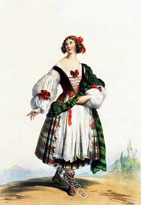 "Costumes historiques de ville ou de theatre et travestissements", Paris 1831 (Described as "Medieval Scottish woman costume in the 14th century" XD) Scottish Traditional Dress, Traditional Scottish Clothing, Scotland Clothing, Scottish Wedding Dresses, Medieval Scotland, Scottish Costume, Scottish Dress, Clothing Drawing, Scottish Women