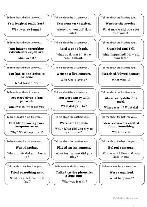 Tell me about the last time you... worksheet - Free ESL printable worksheets made by teachers Prompt Questions, Speaking Activities English, Speaking Activity, Simple Past, Simple Past Tense, Esl Teaching Resources, Past Simple, Esl Vocabulary, Conversational English