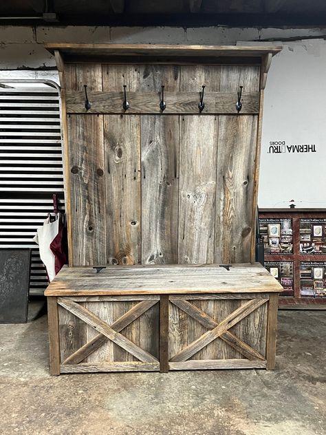 Reclaimed Weathered Barnwood Furniture Rustic Halltree w/ Bench Seat, Cubbyholes, & Coat Hanger Hooks  Overall Measurements; 72"H x 48"W x 20"D *Please contact us before purchasing if you have other Custom Order Inquiries not listed here* (Due to fluctuating pricing & logistics with shipping Size & Weight of Furniture when crated, we can not provide accurate shipping prices at the time of purchase through Etsy)  *Please make sure ALL OF YOUR CONTACT INFORMATION IS CURRENT and up to date: such as Repurposed Hardwood Flooring Projects, Barnwood Decorating Ideas, Cute Wood Projects, Barnboard Projects, Rustic Coat Rack Entryway, Barnwood Coat Rack, Barnwood Bench, Rustic Corner Shelf, Repurposed Wood Projects