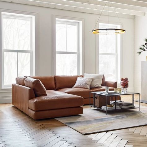 10 Brown Leather Sectionals That are Stunning - Happily Inspired 1950s Furniture, U Shaped Sectional, Leather Couch, Leather Sectional, Couches Living Room, West Elm, Leather Sofa, Room Furniture, Sectional Sofa