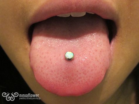 Tongue piercing with white opal cab White Tongue Piercing, Opal Tongue Piercing, Dainty Tongue Piercing, Longitude Tattoo, Surface Tongue Piercing, Dream Piercings, Industrial Piercing Barbells, Pretty Piercings, Tongue Piercings