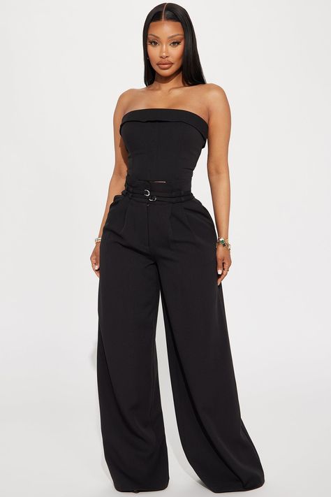 Available In Black And Red. Pant Set Tube Corset Waist Back Zipper Closure Wide Leg Pant Clasp And Zipper Closure Belted Pockets Moderate Stretch Inseam: 33" Shell 95% Polyester 5% Spandex Lining 100% Polyester Imported | Giovanna Pant Set in Black size XL by Fashion Nova Two Piece Pants Set Black, Baddie Suits For Women, Cute Fashion Nova Outfits, Black 2 Piece Outfit, Black Feminine Outfit, Black Wealth, Yodit Yemane, Gala Outfit, Fashion Nova Outfits