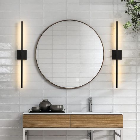 Bathroom Side Lights, Bathroom Light Fixtures Side Of Mirror, Black Bathroom Light Fixtures, Black Bathroom Light, Circle Mirror, Bathroom Mirror Lights, Attic Bathroom, Bathroom Pendant Lighting, Bathroom Pendant