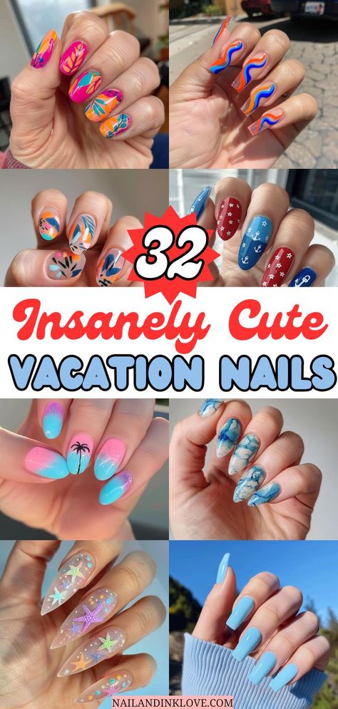 vacation nail designs for 2024 Bright Cruise Nails, Hot Vacation Nails, Girls Trip Nails, Vacation Manicure Ideas, Carribean Cruise Nail Ideas, Jamaica Nails Vacations, Colorful Vacation Nails, Summer Beachy Nails, Mexico Nails Vacations