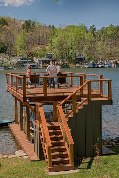 Small Boat Dock Ideas, Fun Lake House Ideas, Boat Shed Ideas, Small Lake Cottage, Boathouse Design, Dock Ideas, Lake Landscaping, Timber Frame Pavilion, Boat Garage