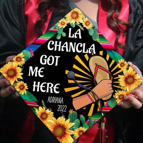 "Looking for a unique graduation cap topper on the big day? Check out our \"Personalized La Chancla Got Me Here Graduation Cap Topper\" design. It's the perfect choice for you. Or it could be a special gift for your loved one who prepares for the graduation ceremony. This graduation cap topper is digitally hand-drawn (NOT PAINTED), whether you're in a time crunch, or you want something easy and affordable for your special day! It's easy to apply to your graduation cap up to minutes before gradua Mexican Cap Designs, Chingona Graduation Cap, Graduation Cap Decoration For Guys, Peru Graduation Cap, Graduation Cap Designs Colombia, Graduation Cap Designs Mexican For Guys, Graduation Cap Designs Mexican Funny, Cap And Gown Decoration Ideas Mexican, Funny Mexican Graduation Caps