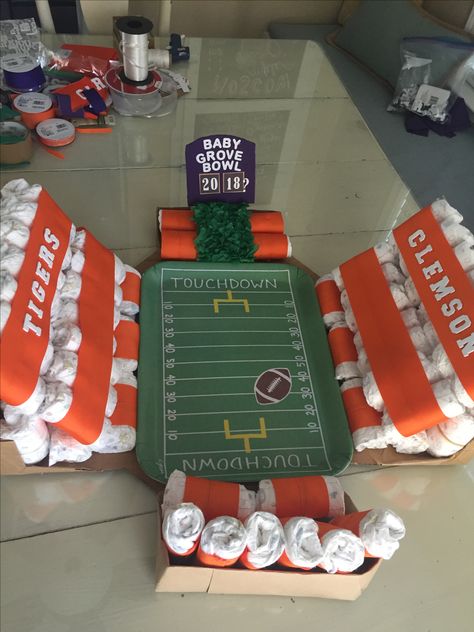 Tailgate Baby Shower Theme, Tailgate Baby Shower Ideas, Football Theme Baby Shower Ideas, Baby Shower Football Theme, Football Themed Baby Shower Ideas, Football Baby Shower Ideas, Football Baby Shower Theme, Clemson Baby, Shower Funny