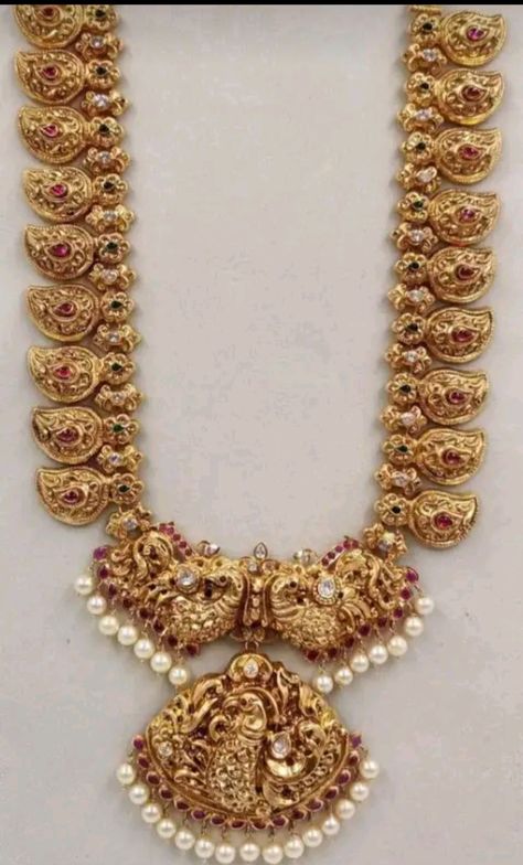 Mamidi Pindela Haram Gold, Gold Long Haram Designs In 40 Grams, Gold Mango Haram, Mango Haram Designs, 40grams Gold Haram, Gold Set Design, Set Design Ideas, Short Mangalsutra, Gold Necklace Price