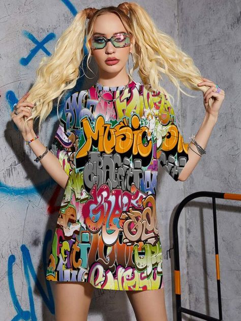 Graffiti Theme Outfit, Graffiti Clothes, Trippy Outfits, Graffiti Dress, Graffiti Theme, Graffiti Clothing, Teenage Dress, Neon Accessories, Theme Board