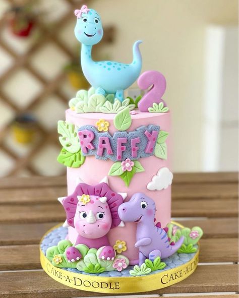 Birthday, Dinosaurs, Pastels, Chocolate, Fondant, Modeling - @cakeadoodle.qa Baby Dinosaur Cake, Dinasour Birthday, Dino Birthday Cake, Dinosaur Birthday Theme, Girl Dinosaur Birthday, Dinosaur Birthday Party Decorations, Dino Cake, Dinosaur Birthday Cakes, Cute Dino