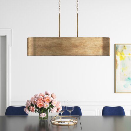 Etta Avenue™ Seamus 5 - Light Kitchen Island Linear Pendant | Wayfair Low Hanging Lights Dining Rooms, Lighting For Rectangular Dining Table, Rectangle Light Fixture Dining Rooms, Light Fixture Over Kitchen Table, Cliff Forest, Linear Chandelier Dining Room, 70s Life, Dining Room Lighting Over Table, Gold Light Fixtures