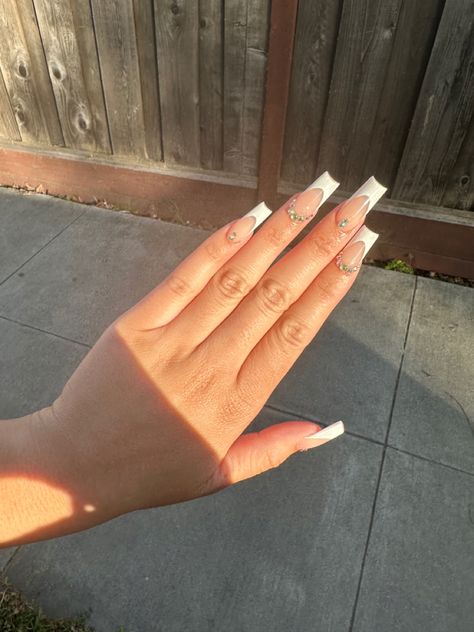 Classy Boujee Nails, White Tapered Square Nails With Gems, White French Tip With Jewels, White French With Gems, Basic Nails With Gems, French Tip Nails With Gems Rhinestones, White French Tip With Gems, Boujee Acrylic Nails, French Tip With Diamonds