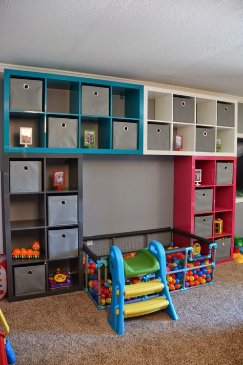 Okay so this is for anyone who is having babies!!!! Not me.....where was pinterest when my boys were little?!?! Daycare Storage, Ikea Kids Playroom, Bilik Permainan, Boys Playroom, Basement Playroom, Train Table, Ikea Kids, Playroom Storage, Playroom Design