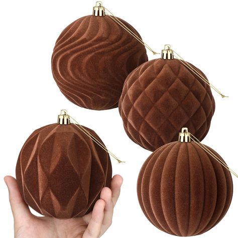 PRICES MAY VARY. Generous Quantity: our packing list includes 4 pcs vintage velvet Christmas ball ornaments, each with about 4 inches/ 10 cm diameter; These ornaments offer an excellent texture and a classic design that meets your decorative needs while allowing you to share the joy with others Eye Catching Velvet Design: these Christmas ornaments come with an elegant flocking texture that adds a multidimensional appeal to your Christmas tree; They create a retro aesthetically appealing effect t Oversized Tree Ornaments, Bronze Christmas Ornaments, Ralph Lauren Inspired Christmas Tree, Flocked Ornaments Christmas Tree, Velvet Ornaments On Tree, Brown And Gold Christmas Tree, Brown Christmas Tree Decorations, Brown Christmas Decor, Lodge Christmas Tree