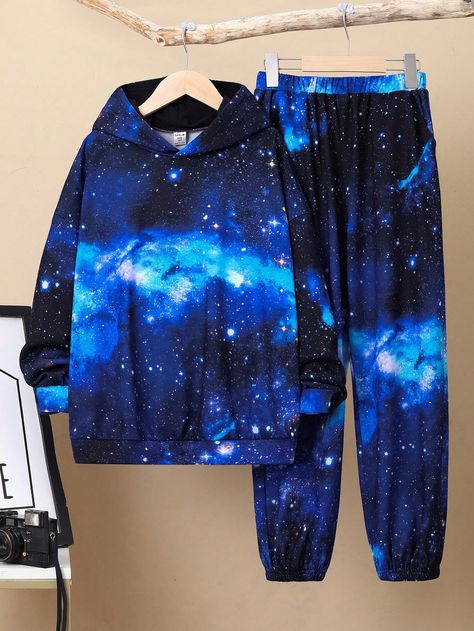 Navy Blue Casual Collar Long Sleeve  Galaxy  Embellished Slight Stretch Spring/Fall Tween Boys Clothing Galaxy Outfit, Hoodie And Pants Set, Hoodie And Pants, Man Clothing, Galaxy Print, Boys Casual, Kids Sleepwear, Inspiration Mode, Boys Clothing