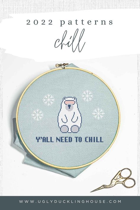 y'all need to chill polar bear cross stitch pattern Magnetic Needle Minder, Free Cross Stitch Pattern, Donut Pattern, Cross Stitch Supplies, Needle Threader, Ugly Duckling, Pattern Library, Needle Minders, Cross Stitch Patterns Free