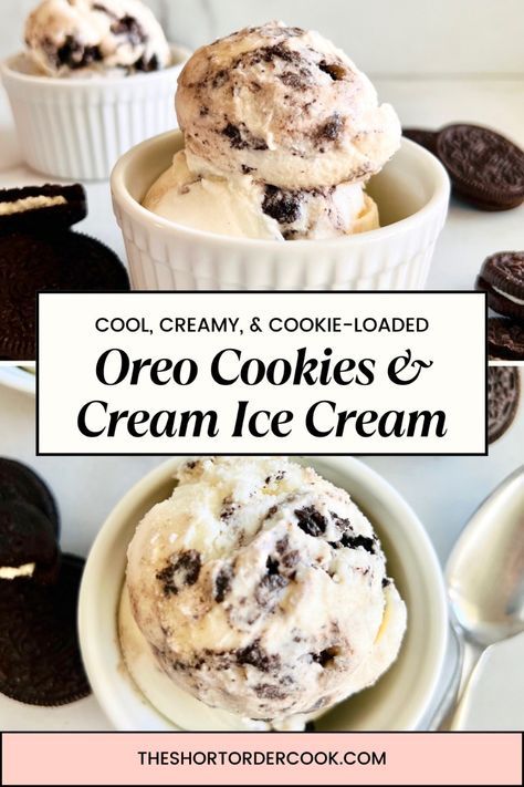 An easy recipe for homemade Oreo cookies & cream ice cream. Churn in your ice cream maker for a simple summer dessert. The vanilla base with crushed chocolate cream sandwich cookies is a family favorite. Cold, creamy, & crunchy ice cream whips up in the Cuisinart or Breville machine. Simple fun dessert for hot weather - good for parties, BBQs, birthdays, for ala mode with pie or sundaes. Cuisinart Ice Cream Recipes, Cuisinart Ice Cream Maker Recipes, Cuisinart Recipes, Cookies Cream Ice Cream, Cream Sandwich Cookies, Easy Ice Cream Recipe Homemade, Homemade Oreo Cookies, Cookies And Cream Ice Cream, Sugar Free Ice Cream