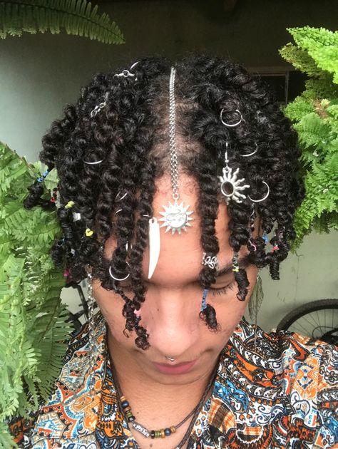 Crystals In Locs Guys, Men Updo Hairstyles, Male Hair Accessories, Fluffy Locs, Hairstyle References, Guys Hairstyles, Rave Hairstyles, Rave Fit, Curly Hair Accessories