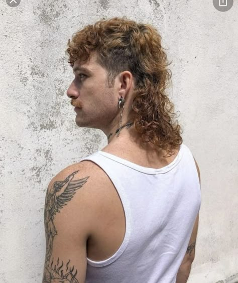 Long Curly Hair Men Shaved Sides, Australian Mullet Men, Mullet Boyfriend, 80s Mullet Guys, Mullet Hairstyle Mens Curly Long, Permed Mullet Men, Long Curly Mullet Men, Dyed Mullet Men, Mullet Drawings