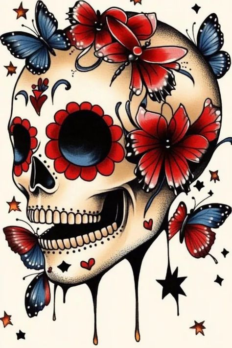 Tattoo idea: tattoo sketch sugar skull with butterflies tattoo colo 2 Butterfly Leg Tattoo, Skull Tattoo Sleeve, Skull With Butterflies, Sugar Tattoo, Girly Skull Tattoos, Butterfly Leg Tattoos, Pear Varieties, Girly Skull, Sugar Skull Tattoo