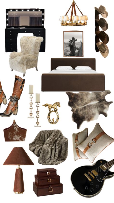 Brown leather bed frame, cowhide area rug, western cowgirl framed poster, gold and brown leather chandelier, cowboy hat hanger, black makeup desk with mirror and lights, white fur chair, brown and grey faux fur throw blanket, gold horse and horseshoe wall hanger, gold horse bit style candle holders, beige and brown orange leather horse bit throw pillows, brown leather gold stirrups decorative storage boxes, cowhide blanket bin, brown and gold lamp, black and gold gisbon les paul electric guitar Western Cowgirl Room Ideas, Western Glam Decor Living Room, Brown Leather Bed Frame, Chic Western Bedroom, Blanket Bin, White Fur Chair, Western Glam Decor, Black Makeup Desk, Cowgirl Room Ideas