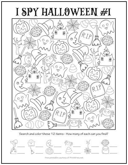 This free printable “I Spy” Halloween-themed picture activity features witches hats, gravestones, ghosts, and more. Have your child count each item and record the count below the picture, coloring each item as he counts. Not only are these “I Spy” activities fun, they’re educational! Halloween I Spy Printable Free, I Spy Halloween Printables For Kids Free, Halloween Ispy, Schoolers Activities, I Spy Activities, I Spy Halloween, Spy Halloween, Spy Activities, Halloween Activity Sheets