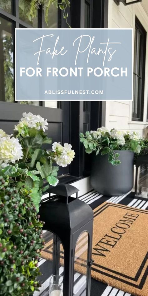 Don't have a green thumb? No worries! Fake plants for the front porch are the perfect solution for adding a touch of nature without the hassle of maintenance. From cascading vines to vibrant succulents, there are endless possibilities to create a stunning display that will impress your guests.  Ready to give your porch a fresh new look? #fauxgreenery #porchmakeover #homeinspiration Artificial Porch Plants Front Doors, Front Porch Planter Ideas Year Round, Fake Flowers For Outside Pots, Faux Porch Plants Front Doors, Pots For Front Door Entrance, Fake Outdoor Plants Front Doors Porch, Easy Porch Plants, Front Porch Faux Plants, Faux Ferns On Porch