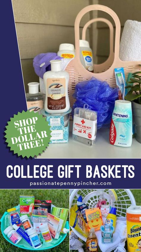 These college gift baskets are all under $15 and all from the Dollar store – super affordable and super practical! If you're sending a care package off with your college kid to take to the dorm (or even a new apartment) you're probably looking for some useful college gift basket ideas. We've got you covered! Here are three college gift basket ideas we pulled together using ONLY items from our local Dollar Tree! You can keep them inexpensive or you fancy them up a bit with nicer brands. College Gift Basket Ideas, Dorm Gift Basket, College Basket, College Dorm List, College Gift Baskets, Graduation Gift Basket, College Dorm Gifts, Dorm Gifts, College Survival Kit