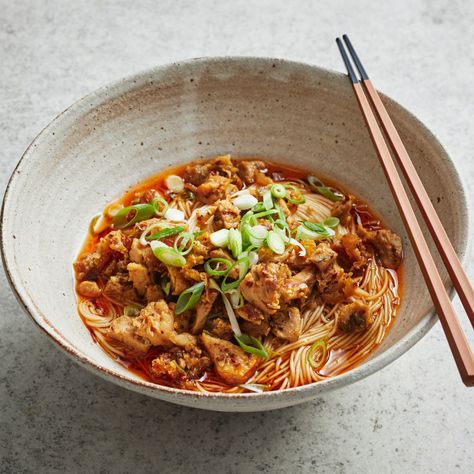 Crispy Pork Belly Dan Dan Noodles Crispy Pork Noodles, Pork Belly And Noodles, Spicy Pork Noodles, Pork Belly Noodles, Ramen Noodle Recipes Pork Belly, Pork Belly Noodle Bowl, Chinese Lemon Chicken, Pickled Mustard Greens, Dan Dan Noodles