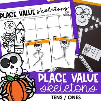 Place Value Skeletons | Halloween Math Activity & Halloween Bulletin Board Craft Halloween Measurement, Halloween Craftivity, First Grade Themes, Place Value Cards, Value Practice, Thanksgiving Math Activities, Halloween Math Activities, Math Morning Work, Skeletons Halloween