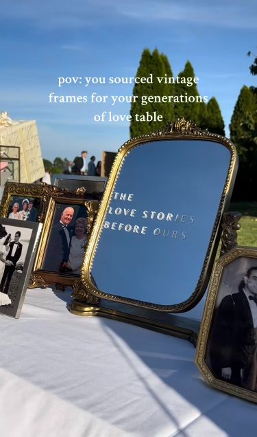 Vintage photo frames Generations of love table Family heirlooms archives memories Wedding decor Wedding Display, Have Inspiration, Future Wedding Plans, Cute Wedding Ideas, Wedding Mood Board, Wedding Goals, Wedding Mood, Love Stories, Wedding Signage