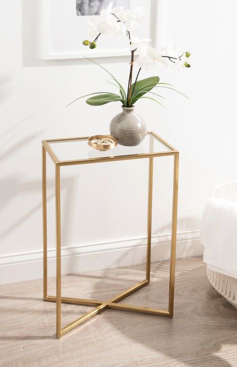 Everly Quinn Deroo 24.1'' Tall Glass Cross Legs End Table | Wayfair Slim Side Table, Rectangle Side Table, Metal End Table, Glass Top End Tables, Gold Side Table, Narrow Table, Metal End Tables, Loft Decor, Glass Side Tables