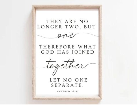 No Longer Two But One Wedding Bible Verse Sign, Matthew 19:6 Scripture Wall Art, Christian wedding sign, Wedding Decor, Marriage Quote *INSTANT DOWNLOAD PRINTS DETAIL: YOU WILL RECEIVE 4 files * jpg & pdf of both white background and tan background **Please note that this listing is for a digital file. No physical product will be mailed. ---------------------------------------------------------------------------------------------------------- **Directions for Printable Art: 1. Purchase this listing 2. Once your payment has processed, download your files directly from Etsy. 3. Print your files at home or through a professional printer. For best results, use fresh ink and high-quality cardstock paper. 4. Enjoy! --------------------------------------------------------------------------------- Wedding Quote Signs Decor, Unique Wedding Ideas Christian, Wedding Bible Verse Signs, Bible Verse On Marriage, Christian Wedding Quotes, Wedding Bible Verses Marriage, Bible Verses For Wedding Ceremony, Simple Christian Wedding, Bible Verse For Wedding