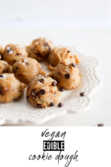 This Vegan Cookie Dough is the perfect no-bake treat to satisfy your sweet tooth! Easy to make in just minutes with a handful of simple ingredients, this scrumptious edible chocolate chip cookie dough is perfect for enjoying as a snack or dessert! Vegan Edible Cookie Dough, Cookie Dough Edible, Vegan Cookie Dough Recipe, Quick Vegan Desserts, Vegan Chocolate Chip Cookie Dough, Paleo Cookie Dough, Paleo Cookie, Edible Chocolate Chip Cookie Dough, Easy Vegan Cookies