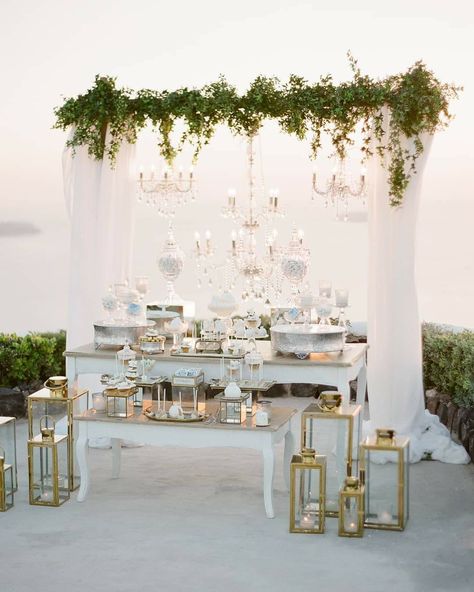 Elegant Wedding Buffet Set Up, Modern Dessert Display, 40 Fest, Sweets Table Wedding, Ocean View Wedding, Crystal Jar, Sweet Table Wedding, Petal Cake, Blue And White Wedding