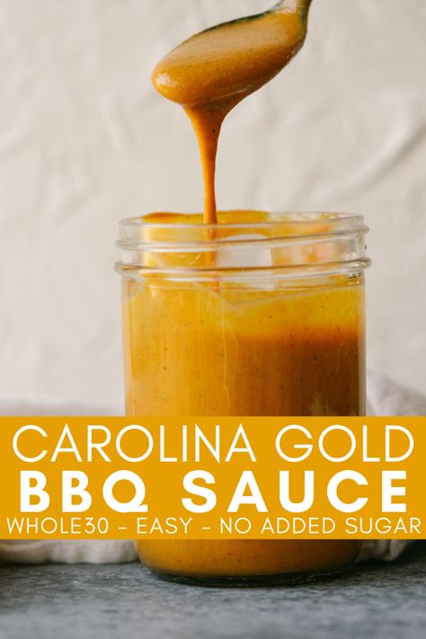 This Carolina Gold BBQ Sauce is a sweet and tangy mustard barbecue sauce that is made with Whole30 and Paleo ingredients. This delicious and healthy barbecue sauce can be made at home in just 30 minutes and enjoyed for many meals. Healthy Barbecue Sauce, Carolina Gold Sauce, Carolina Gold Bbq Sauce, Gold Bbq Sauce, Gold Sauce, Healthy Barbecue, Carolina Bbq Sauce, Mustard Bbq Sauce, Paleo Sauces