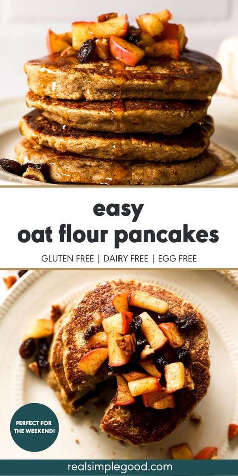 Thick & Fluffy Oat Flour Pancakes (Egg-Free) Oatmeal Flour Pancakes, Applesauce Pancakes, Egg Free Pancakes, Oat Flour Pancakes, Oat Flour Recipes, Oats Recipes Breakfast, Pancake Roll, Gluten Free Blueberry Muffins, No Flour Pancakes