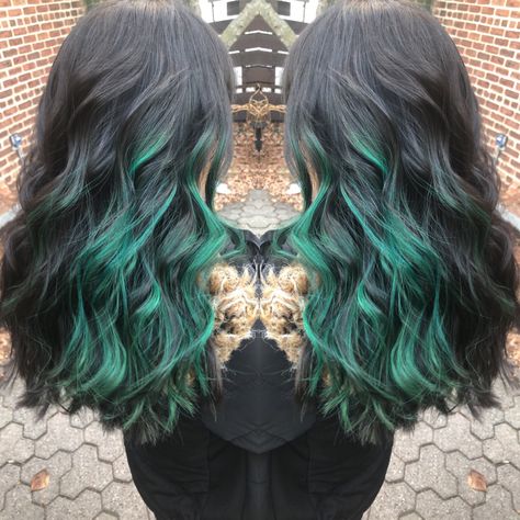 Teal green peekaboo hair color! #pravana Dark Hair With Teal Peekaboo, Green Hair Peekaboo, Green Peekaboo Hair, Teal Peekaboo, Green Peekaboo, Hair Peekaboo, Peekaboo Hair Color, Dimensional Hair, Hidden Hair Color