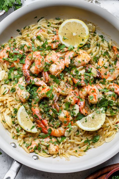 Shrimp Scampi Orzo - Dishing Out Health Lemon Pepper Shrimp, Shrimp Orzo, Dishing Out Health, Orzo Dishes, Cucumber Avocado Salad, Pasta Noodle Recipe, Orzo Recipes, Shrimp Dinner, One Pan Dinner