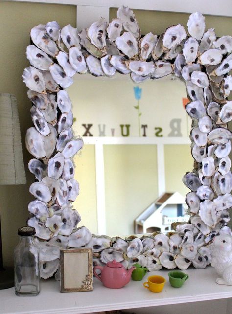 oyster shells on mersea beach images - Google Search Decorate With Seashells, Oyster Shell Mirror, Mirror Ornament, Beachy Stuff, Seashell Decor, Shell Ideas, Seashell Mirror, Ocean Home, Oyster Shell Crafts