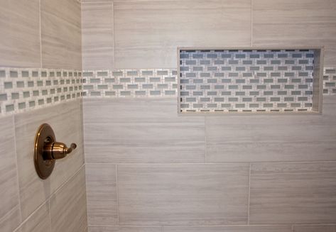 Kylie Bathroom, Horizontal Niche, Shampoo Niche, Sage Photography, Bathroom Niche, Border Tiles, Bathroom Redesign, Tub Surround, Shower Niche