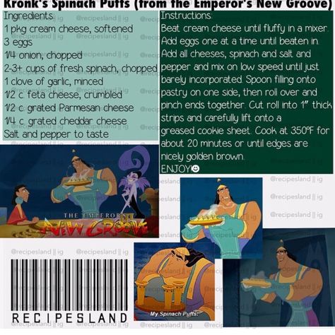 Kronk's Spinach Puffs Kronks Spinach Puffs Disney Movies, Kronk's Spinach Puffs Recipe, Kronk Spinach Puffs, Spinach Puffs Kronk, Emperors New Groove Recipes, Kronks Spinach Puff, Spinach Puffs Recipe, Disney Cookbook, Spinach Puffs