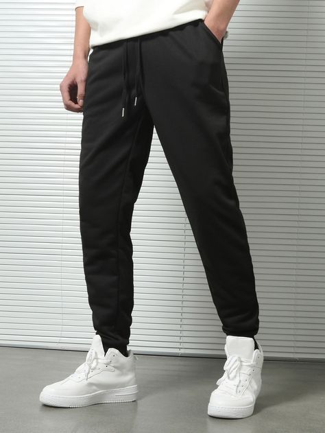 Black  Collar  Polyester Plain  Embellished Slight Stretch All Men Bottoms Jogger Pants Outfit For Men, Simple Sweatpants Outfit, Black Joggers Outfit Men, Black Sweatpants Outfit Men, Black Sweatpants Men, David Core, Sweatpants Outfit Men, Sweat Pants For Men, Joggers Men Outfit