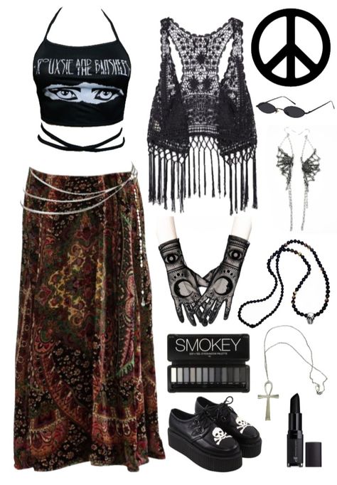 Witch Boho Fashion, Emo Boho Outfit, Hippy Goth Aesthetic, Gothic Hippie Outfits, Gothic Hippie Aesthetic, Hippie Goth Fashion, Hippie Goth Aesthetic, Goth Hippie Outfits, Hippie Goth Outfits