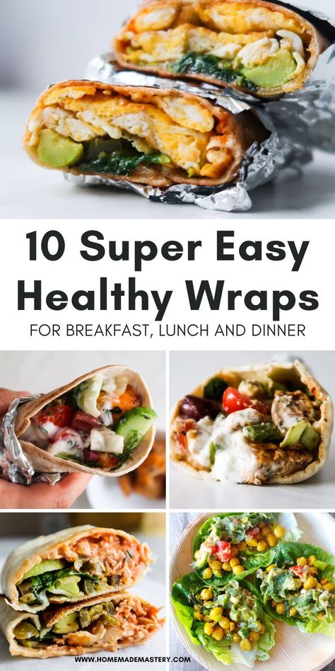 10 easy and healthy wrap recipes that you'll want to eat for breakfast, lunch or dinner! This collection includes a delicious breakfast burrito, Mediterranean wraps, vegan and vegetarian wraps, chicken and fish wraps, lettuce wraps and more! Heart Healthy Wraps, Warm Wraps Recipes, Mediterranean Wrap Recipes, Vegetarian Wraps Recipes, Breakfast Wraps Healthy, Healthy Wrap Ideas, Mediterranean Wraps, Fish Wraps, Healthy Wrap Recipes