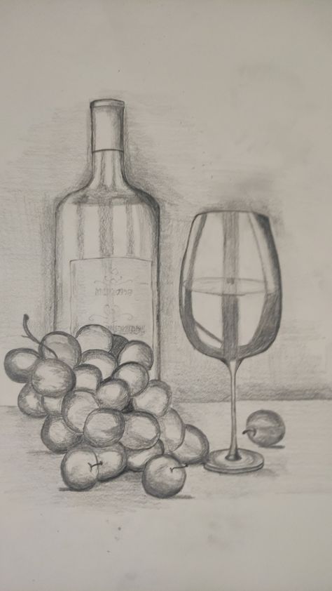 Still Life Drawing 3 Objects, Basic Still Life Drawing, 3 Objects Drawing, Still Life Drawing For Beginners Easy, Still Life Simple, Easy Still Life Drawing, Grape Drawing, Still Life Sketch, Fruit Art Drawings