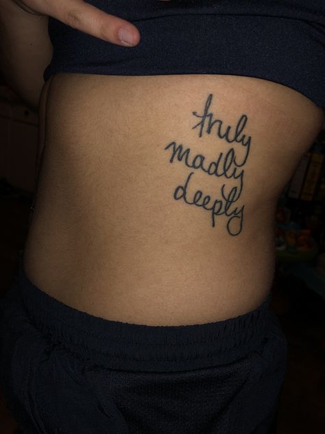 One direction tattoo. Song title “truly, madly, deeply” One Direction Traditional Tattoo, Truly Madly Deeply Tattoo, One Direction Tattoo, Tattoo Song, Direction Tattoo, One Direction Tattoos, Famous Tattoos, Back Of Shoulder Tattoo, Madly Deeply