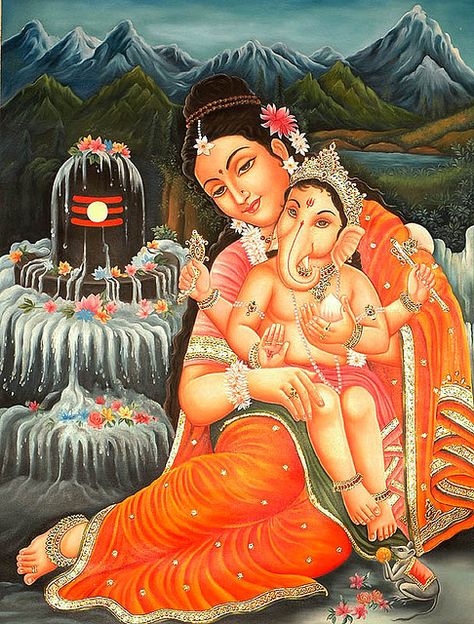 Mother Parvati and Ganesha Baby Ganesha, Indian Painting, Shiva Shakti, Divine Mother, Shiva Art, God Pictures, Hindu Deities, Indian Gods, Hindu Art